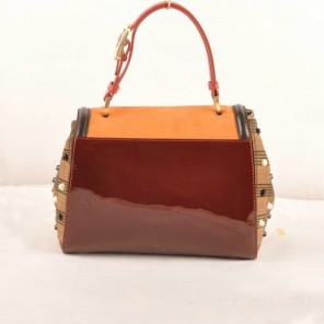 Fendi Silvana Suede&Patent Leather Flap Bag F2548 Tan&Bordeaux