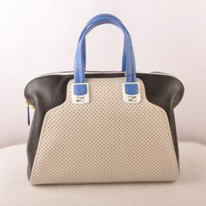 Fendi Chameleon Punch Saffiiano Leather Top Zip Tote Bag 2537 White-Black
