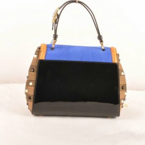 Fendi Silvana Suede&Patent Leather Flap Bag F2548 Blue&Black