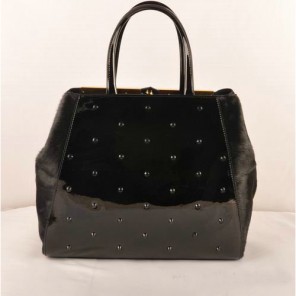 Fendi 2Jours Patent Leather Horsehair Tote Bag F2552L Black