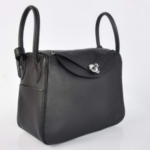 Hermes Lindy 30CM Havanne Handbags 1057 Black Leather Silver Hardware