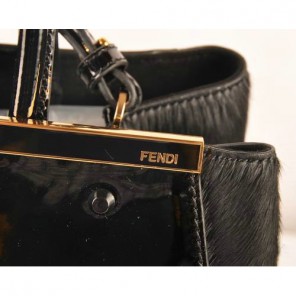 Fendi 2Jours Patent Leather Horsehair Tote Bag F2552M Black