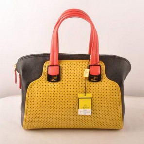 Fendi Chameleon Punch Saffiiano Leather Top Zip Tote Bag 2545 Yellow-Black