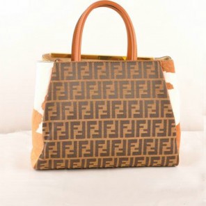 Fendi 2Jours Fabric&Horsehair Tote Bag F2552M Tan&White