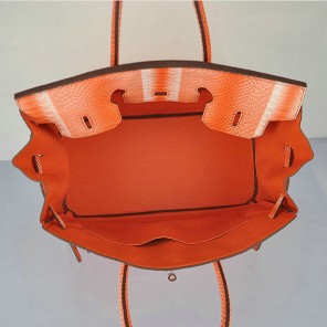 Hermes Birkin 35CM Orange Snake Leather Tote Bag Silver