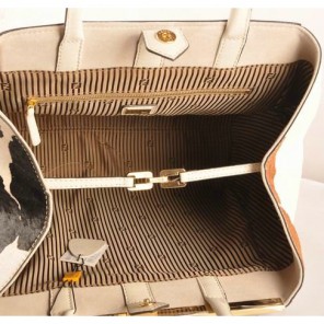 Fendi 2Jours Saffiiano Leather Horsehair Tote Bag F2552L White&Black&Tan