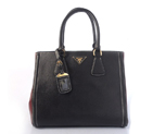2013 PRADA BN2438 Saffiano Leather Tote Bag in Black with Dark red 2438