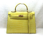 2015 Hermes Kelly 32cm Crocodile stripes Leather Bag Yellow with Gold hardware K32