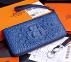 2015 Hermes Zip Around Wallet Original crocodile Leather H565 Blue H565