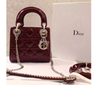 2016 Christian MINI LADY DIOR BAG Original Patent Leather D1635 Claret with Gold D1635