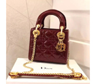 2016 Christian MINI LADY DIOR BAG Original Patent Leather D1635 Claret with Gold D1635
