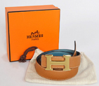 Hermes belt leather in Camel/Medium Blue with H gold Buckle H1002